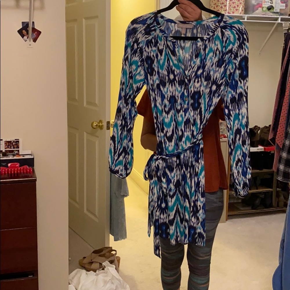 Long sleeve blue and turquoise front tie dress